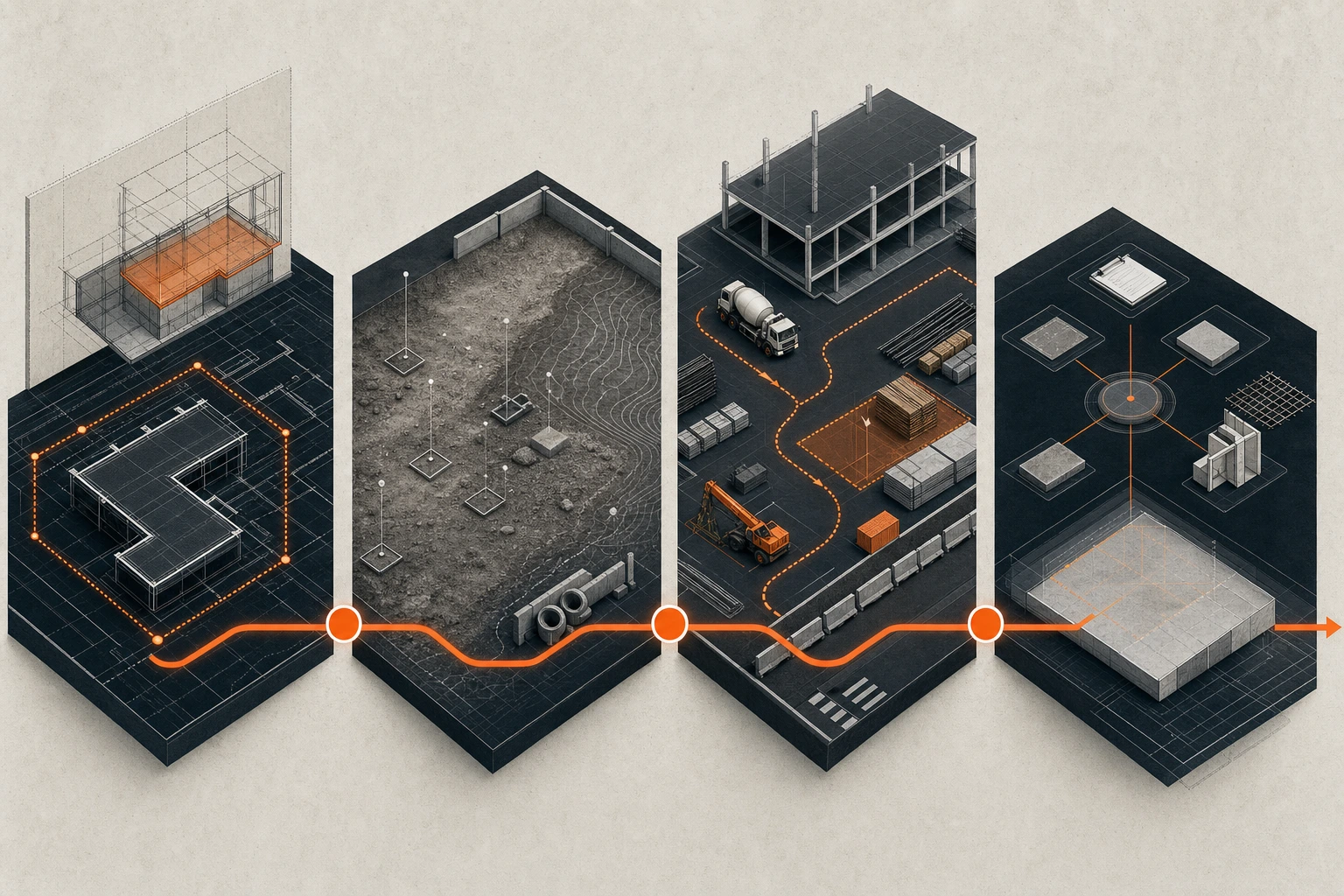 Four-stage commercial concrete job-planning diagram covering scope documents, site readiness, logistics, and project coordination.