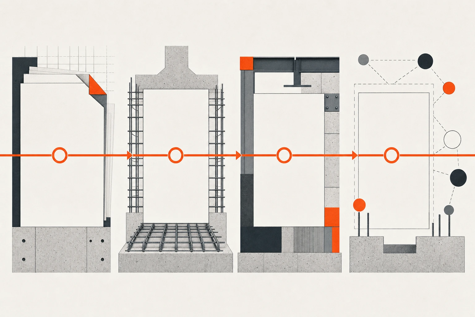 Four-stage foundation-planning diagram connecting documents, concrete elements, site interfaces, and open coordination items.