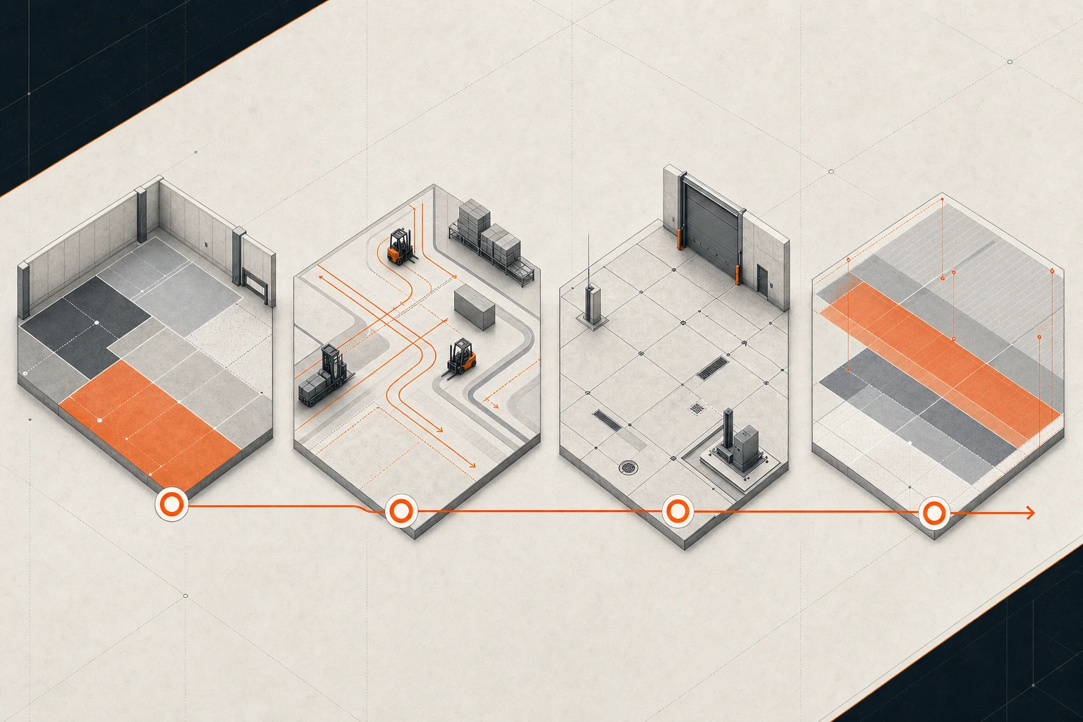 Abstract four-stage diagram for industrial concrete floor planning.