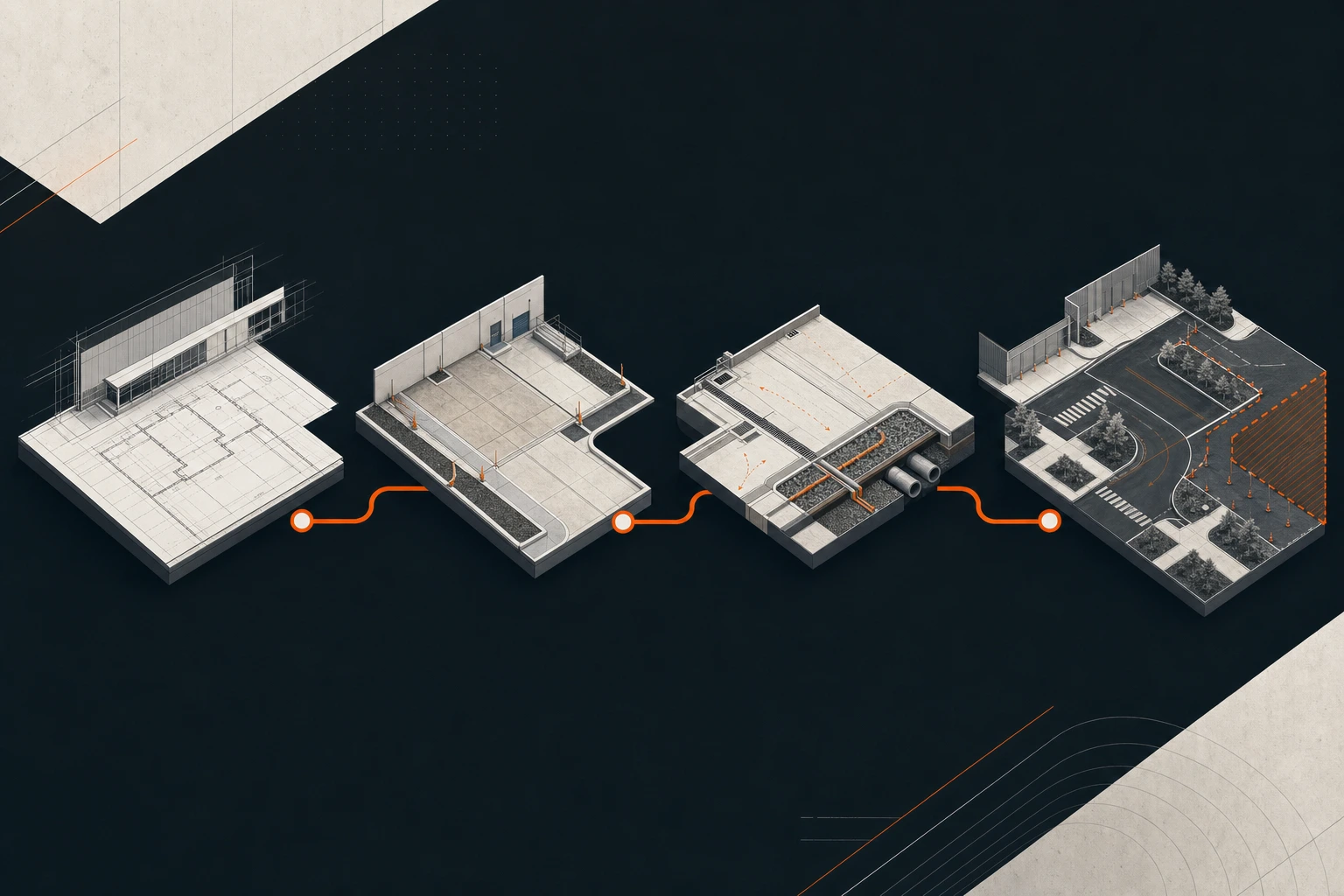 Abstract four-stage diagram for commercial site concrete planning.