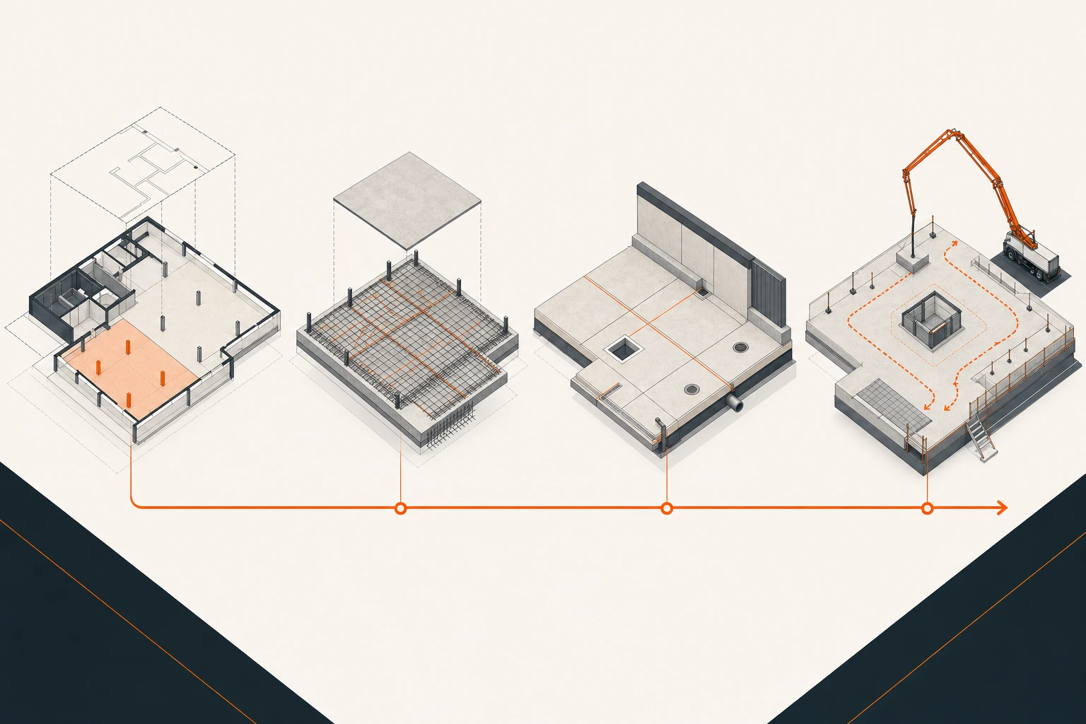 Four-stage slab-planning diagram connecting use, slab requirements, interfaces, and placement sequence.